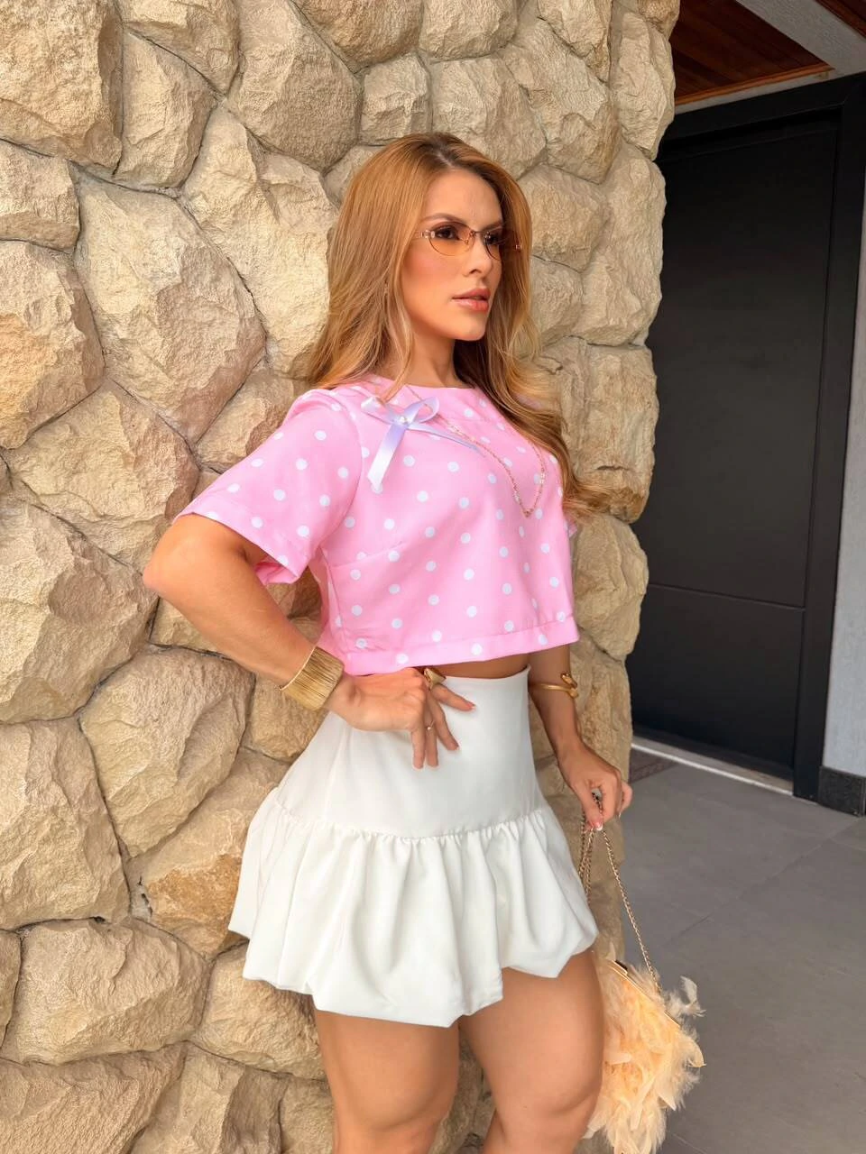 Conjunto Cropped Detalhe Laço e Saia Balone no corpo